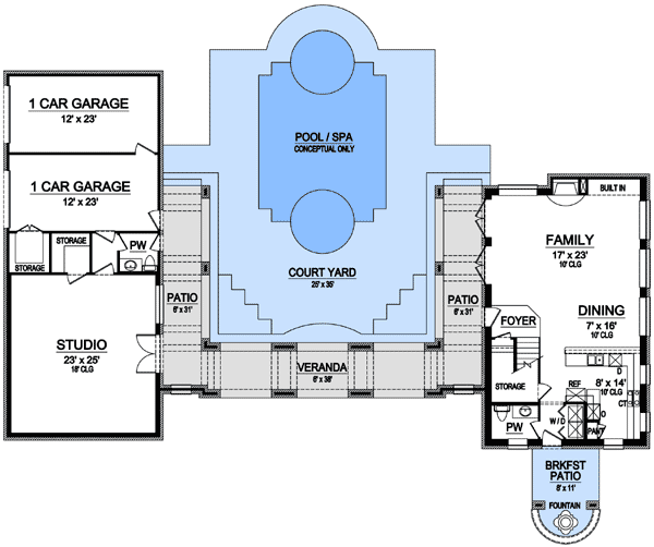 Plan 36329TX: 2-Story Studio & Courtyard - Floor Plan - Main Level - European, Mediterranean, Tuscan