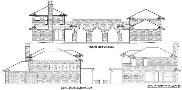 House plan with rear, left side, and right side elevations. Features stone facade, arched openings, gables, and a three-car garage.