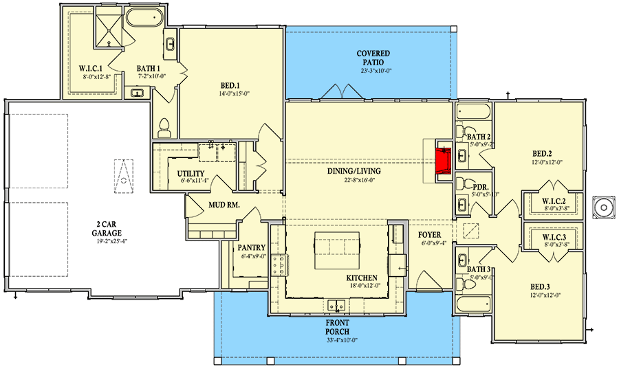 Plan 440038PWL: 3-Bed Craftsman-Style Ranch with Split Beds and 2-Car Side Load Garage - 1966 Sq Ft - Floor Plan - Main Level - Craftsman, Ranch, Traditional