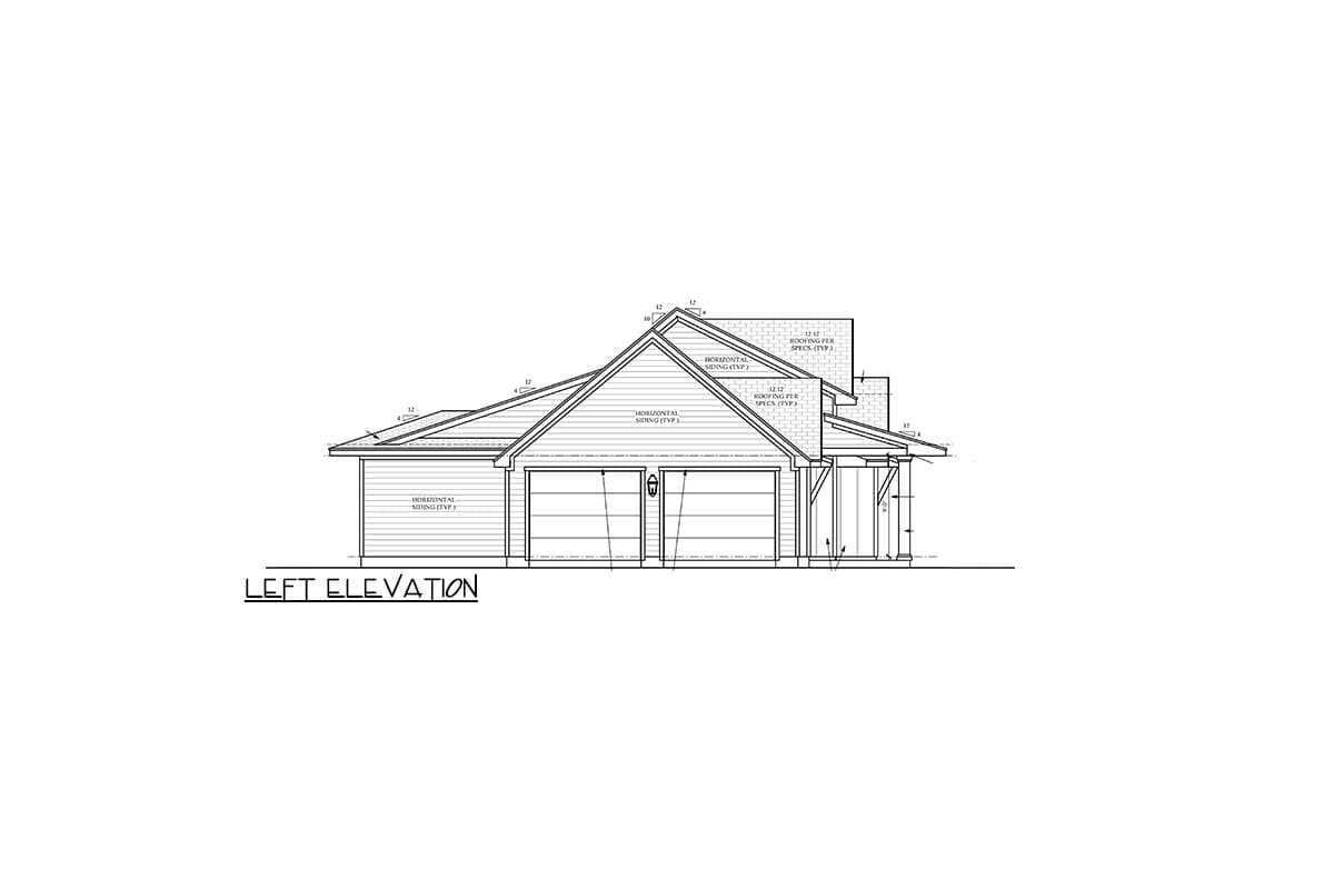 Left elevation of a house plan featuring horizontal siding, a gable roof, and a two-car garage.