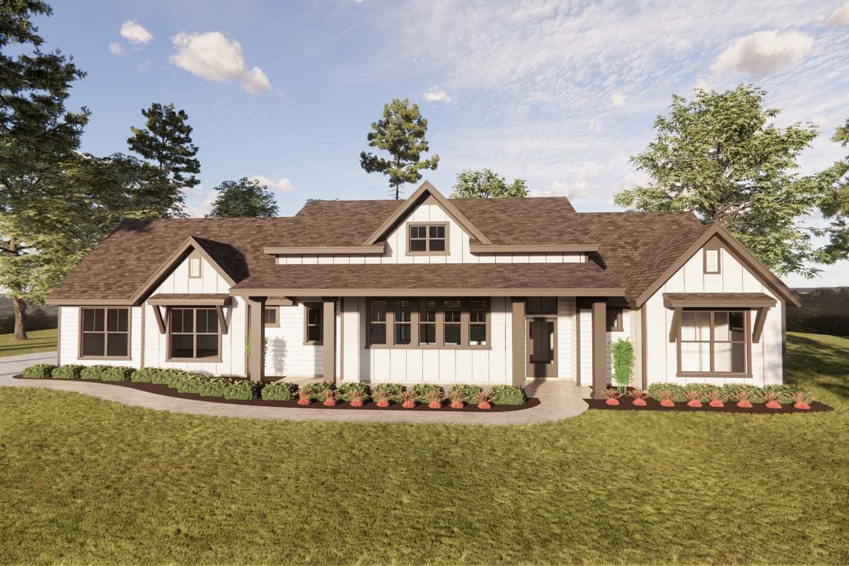 House plan exterior rendering. Features a one-story Modern Farmhouse style with gabled rooflines, dormers, and a covered porch.