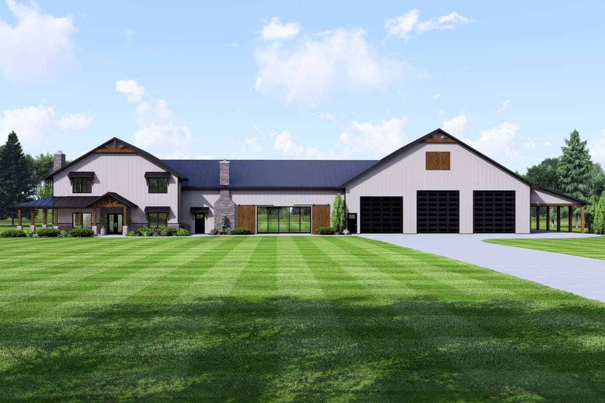 House plan exterior. Two-story Modern Farmhouse with gables, porch, and a three-car garage. Features a dark metal roof.