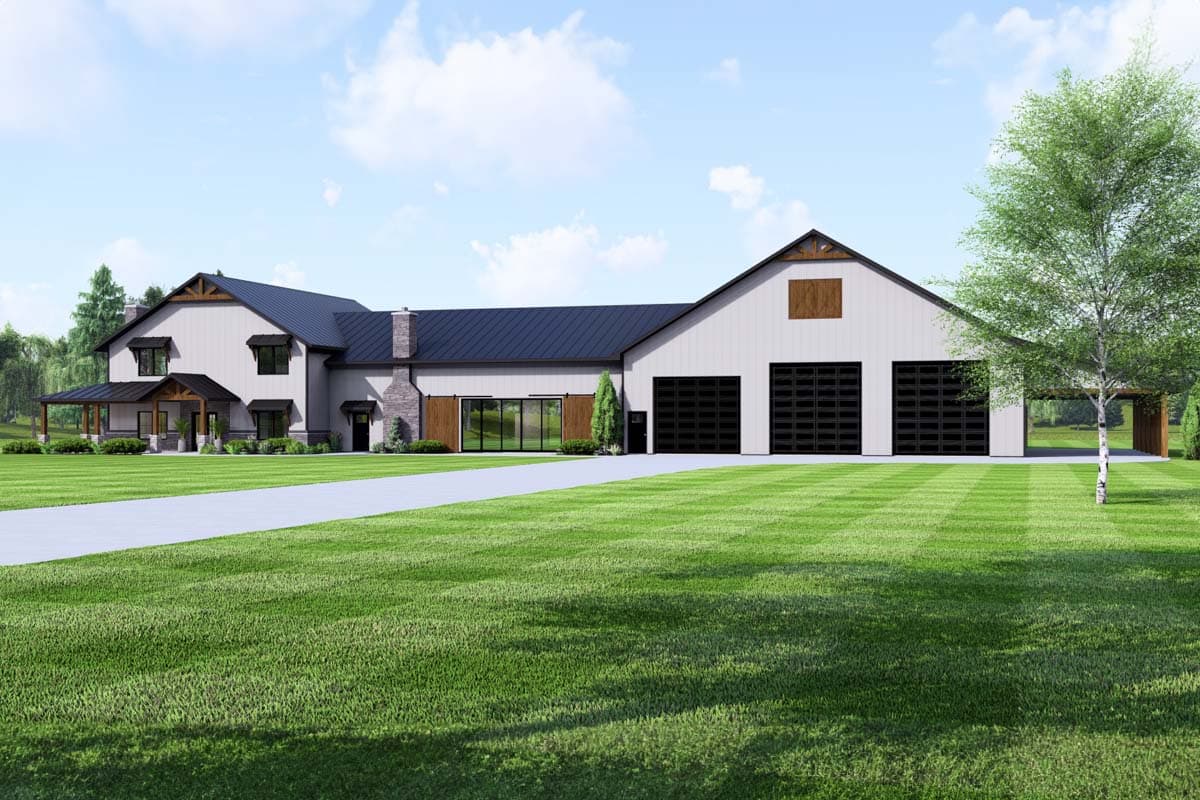 Modern Farmhouse house plan exterior with a gabled roof, prominent chimney, covered porch, and three-car garage doors.