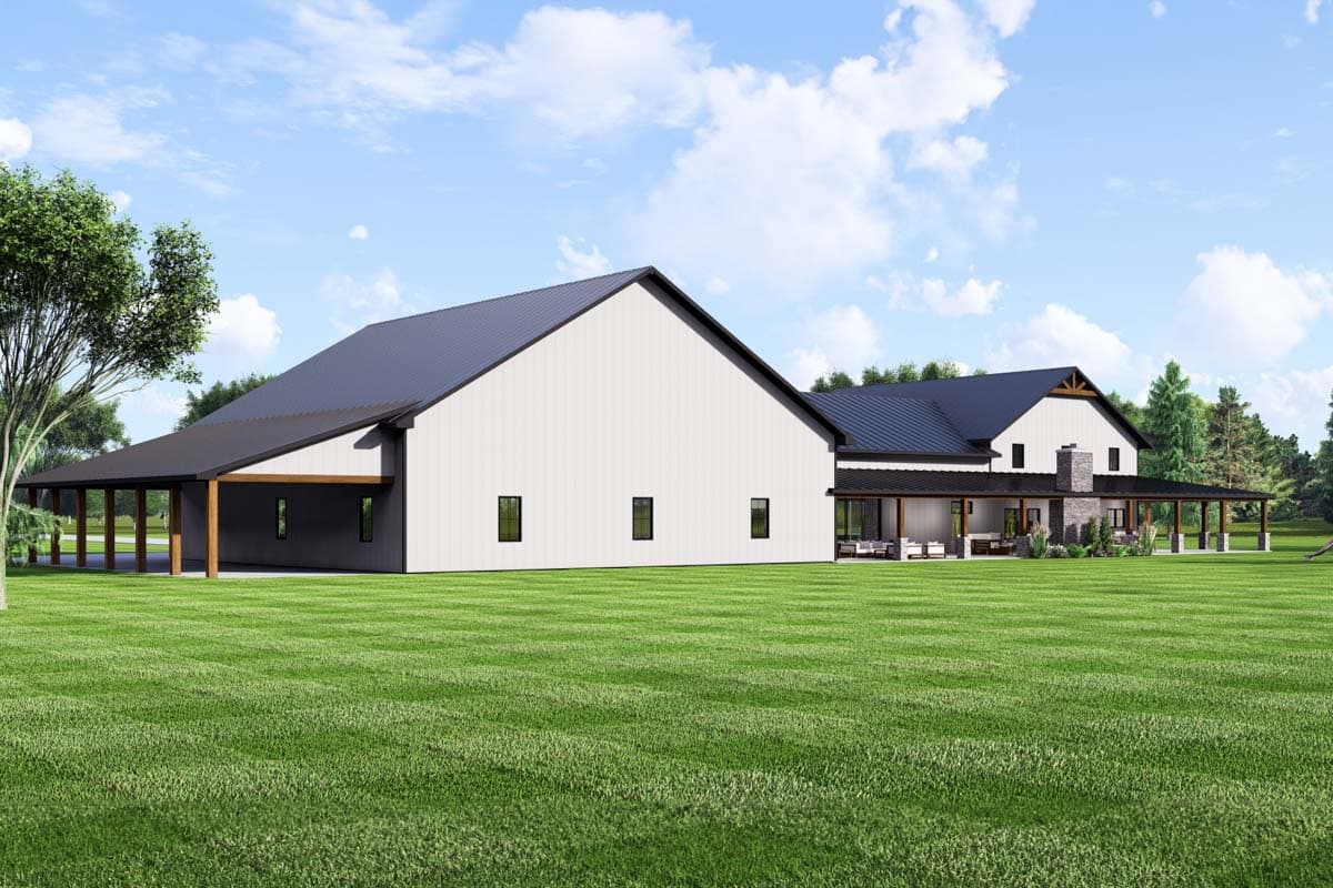 Modern Farmhouse house plan exterior with white vertical siding, dark metal roof, covered porch, and stone chimney.