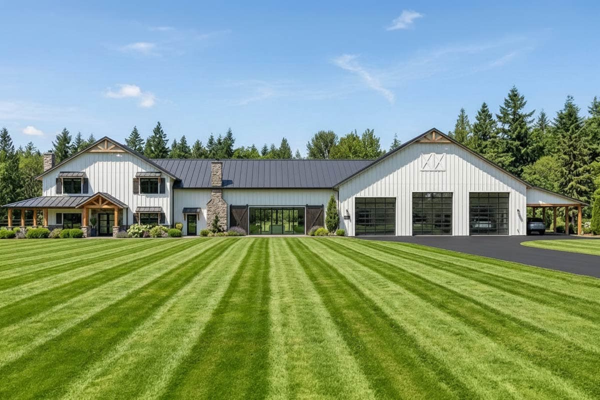 House plan exterior. Two-story Modern Farmhouse with gables, porch, and a three-car garage. Features a dark metal roof.