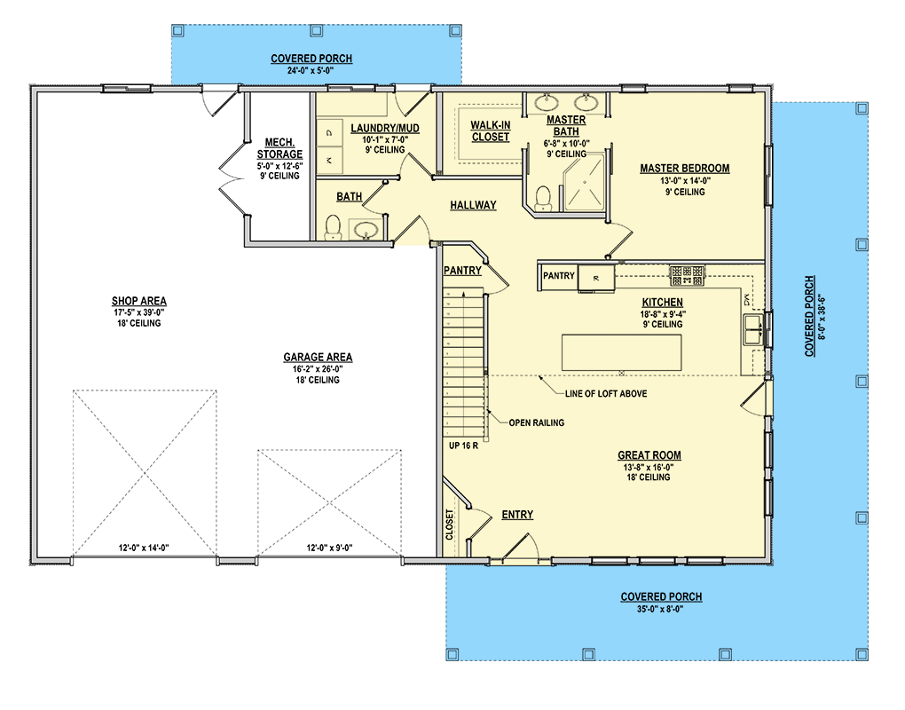 Plan 225000RBS: Barndominium-Style Home Plan with RV Garage and Two-Story Great Room - 2084 Sq Ft - Floor Plan - Main Level - Barndominium, Farmhouse, Rustic
