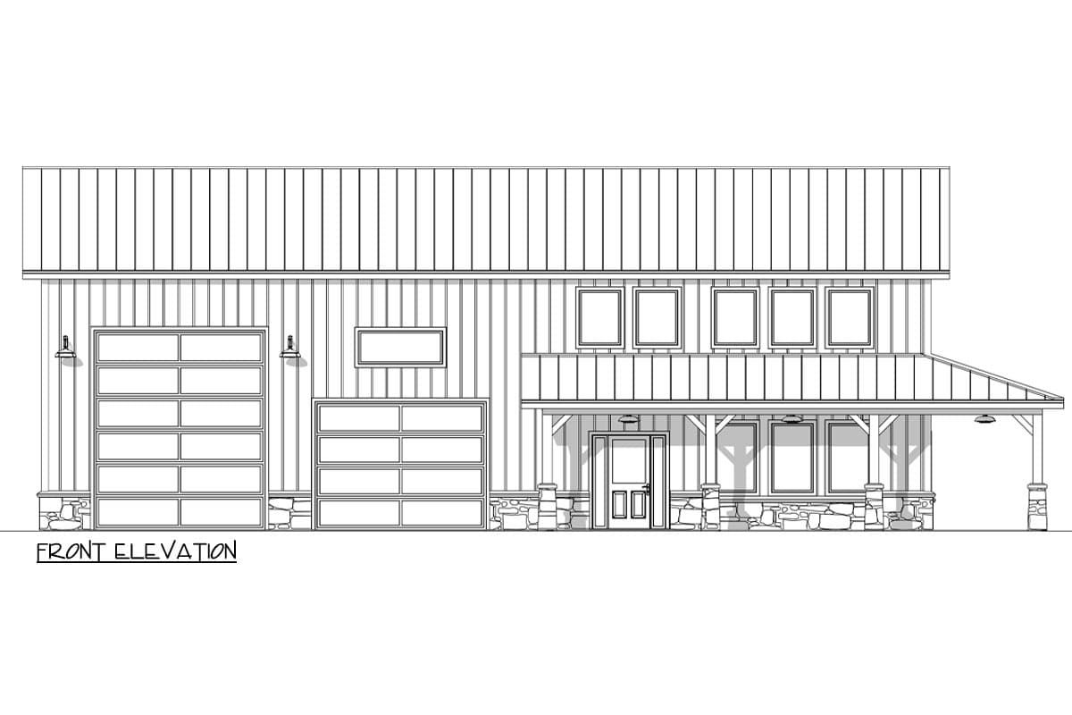 Front elevation sketch of a two-story building featuring garage doors, a porch with a stone base, multiple windows, and a metal roof.