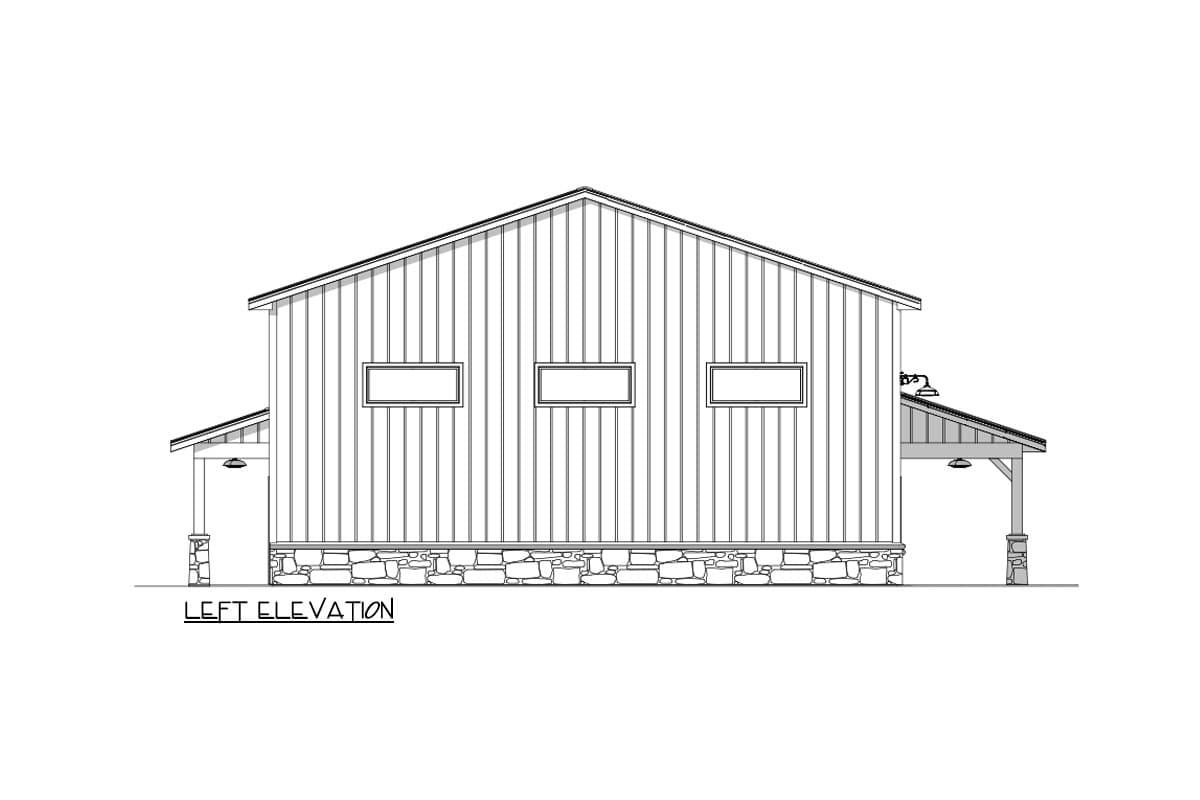 Line drawing of a barn or shed's left elevation, featuring a gabled roof, three rectangular windows, and a stone foundation.
