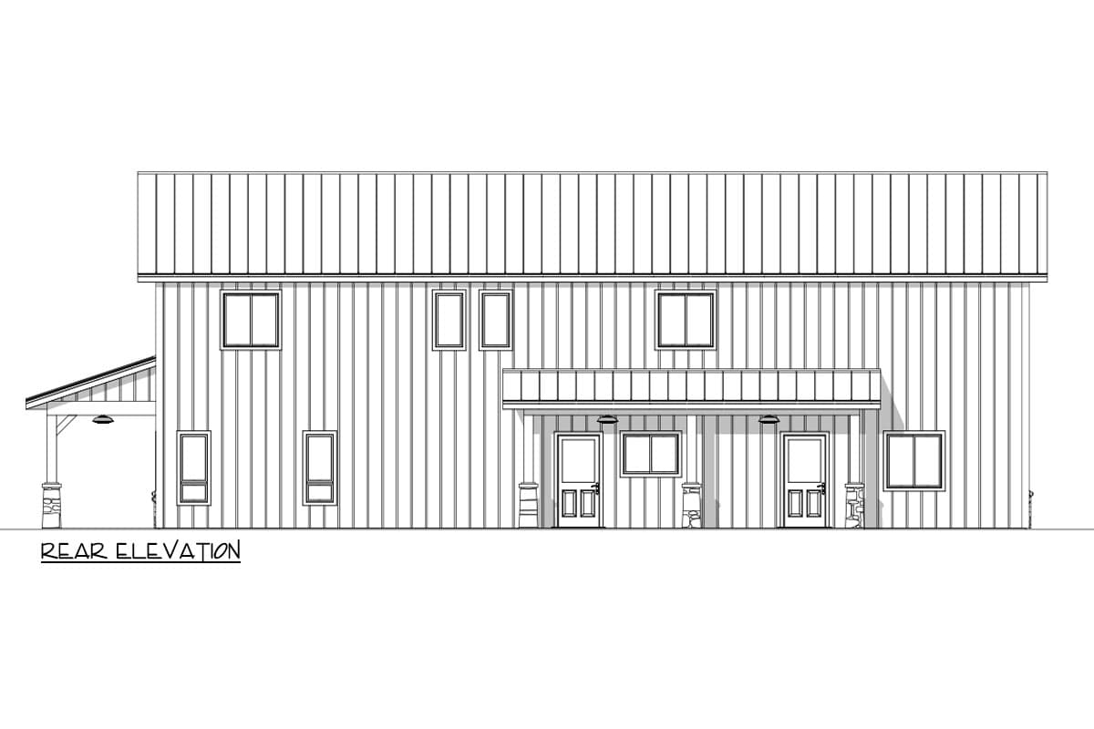 Rear elevation of a two-story building with a metal roof and vertical siding. Features include multiple windows and two covered entryways with doors.