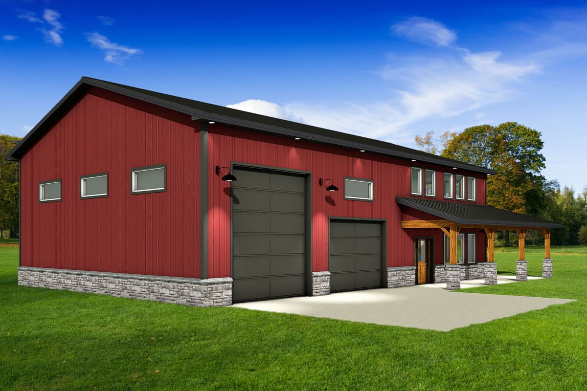 A modern red barn-style building with a black roof, garage doors, and a porch. It is surrounded by green grass under a blue sky.