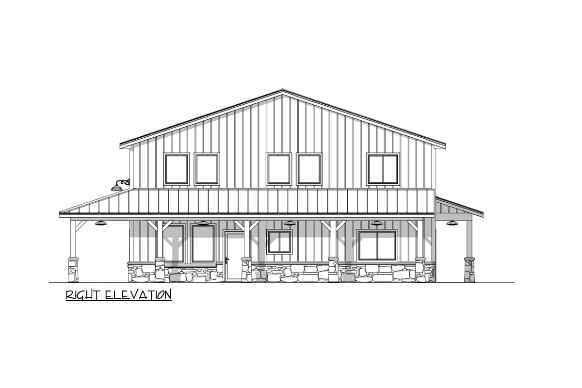 Architectural line drawing of a two-story building with a porch. The structure has a gabled roof and stone accents along the base of the porch.