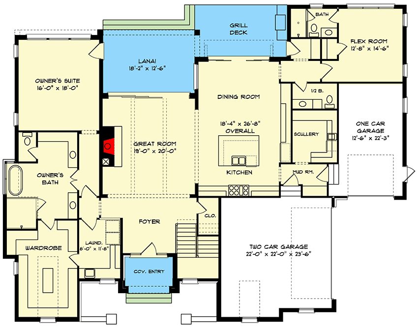Plan 93209EL: 5-Bed Transitional Country House Plan with Finished Bonus Room Home Office - 4497 Sq Ft - Floor Plan - Main Level - European, French Country, Transitional, Tudor
