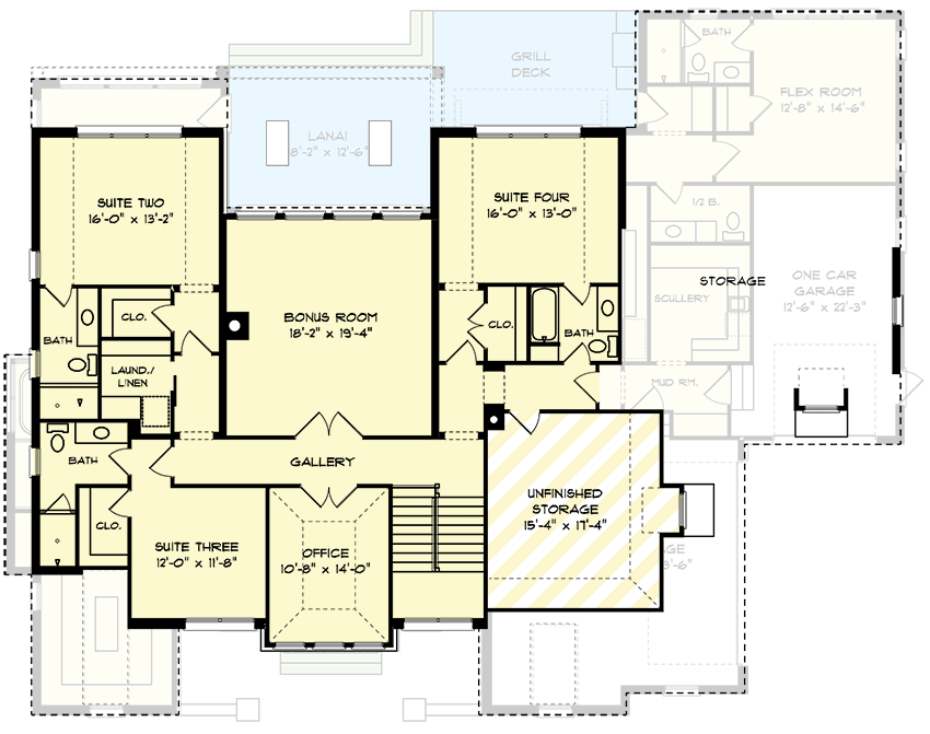 Plan 93209EL: 5-Bed Transitional Country House Plan with Finished Bonus Room Home Office - 4497 Sq Ft - Floor Plan - 2nd Floor - European, French Country, Transitional, Tudor