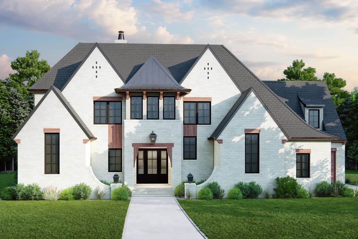 House plan exterior. Two-story home with multiple gables, a steeply pitched roof, and dormers. Features include a front entry with a black door.