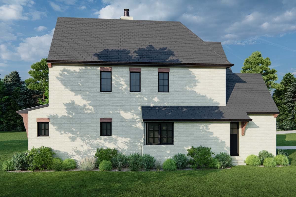 House plan exterior rendering of a two-story modern farmhouse with white brick, dark gabled roof, and multiple windows.