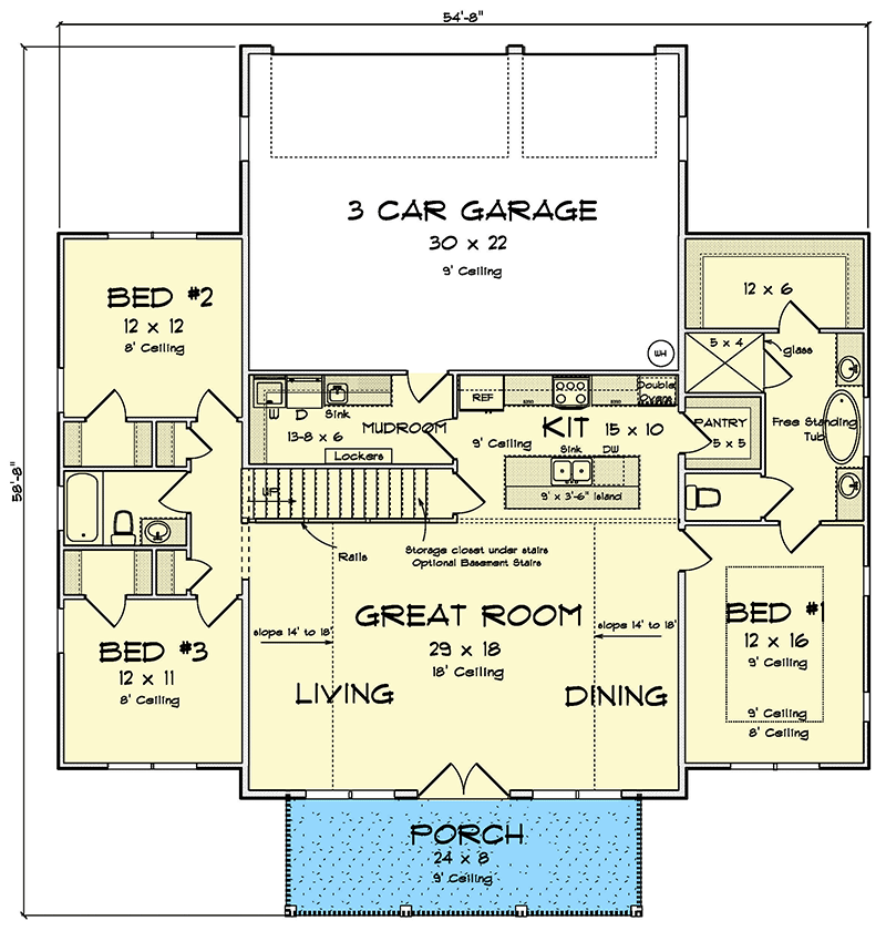 Plan 52356WM: Barndominium-Style Modern Farmhouse with 4-Bedrooms and Loft - 2228 Sq Ft - Floor Plan - Main Level - Barndominium, Cottage, Country, Farmhouse, Modern Farmhouse
