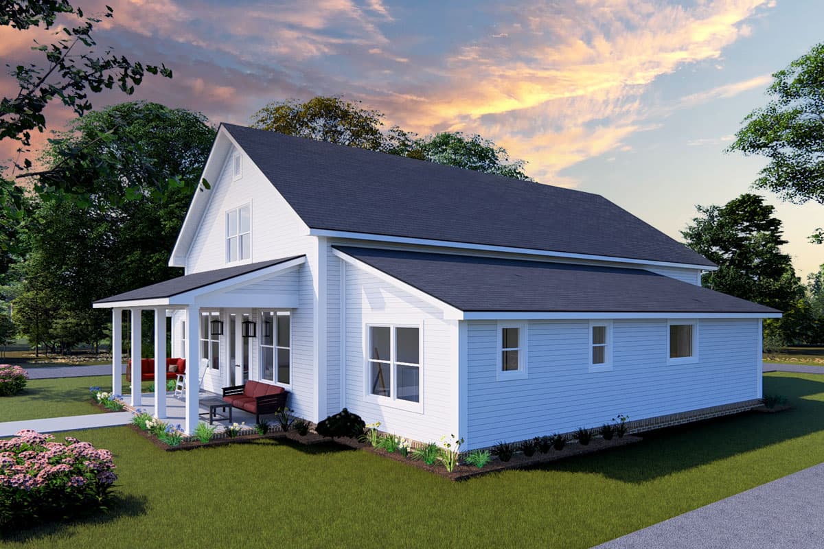 House plan exterior rendering of a two-story Modern Farmhouse with a covered front porch, gables, and a prominent dormer.
