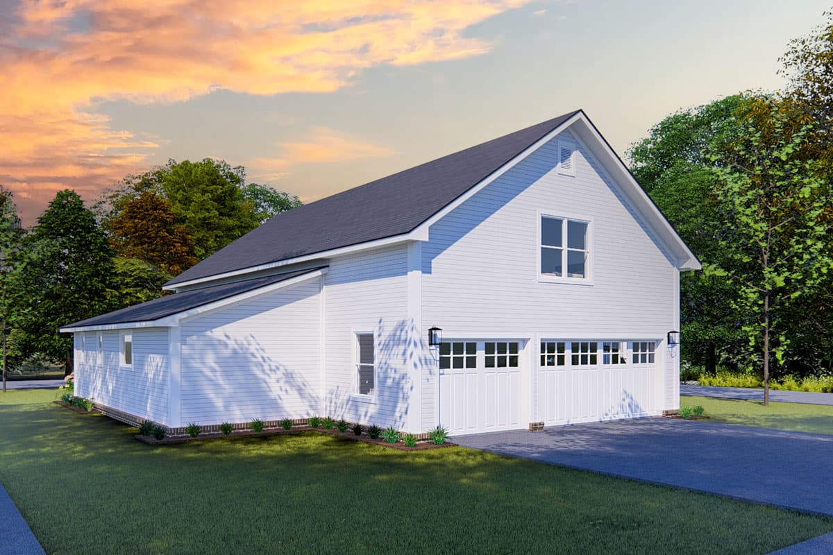 Modern Farmhouse style house plan exterior with white siding, a two-car garage, and a prominent gable.