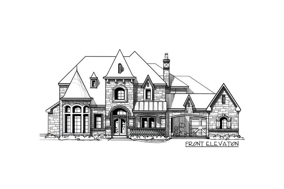 Front elevation drawing of a multi-story stone house with gables, a turret, and an arched entryway. Includes a garage.