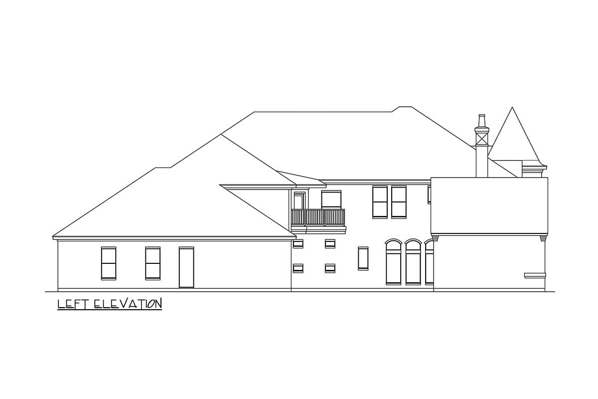 Left elevation of a house plan showing a multi-story structure with varied rooflines, a balcony, and arched windows.
