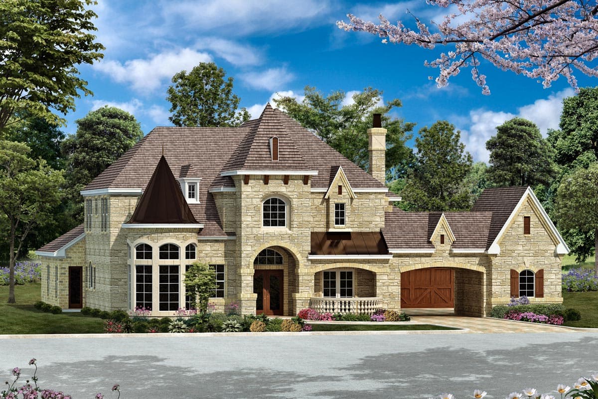House plan exterior featuring stone facade, arched entryway, dormers, gables, and attached garage.