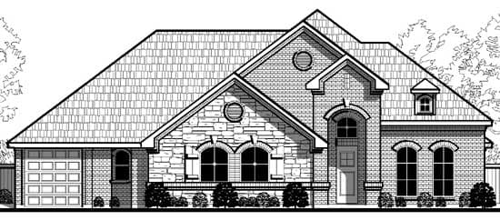 House plan exterior: One-story house with attached garage, varied rooflines, arched windows, and stone and brick facade.
