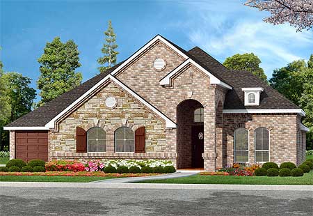 House plan exterior: One-story brick and stone home with arched entry, gabled dormer, and attached garage.