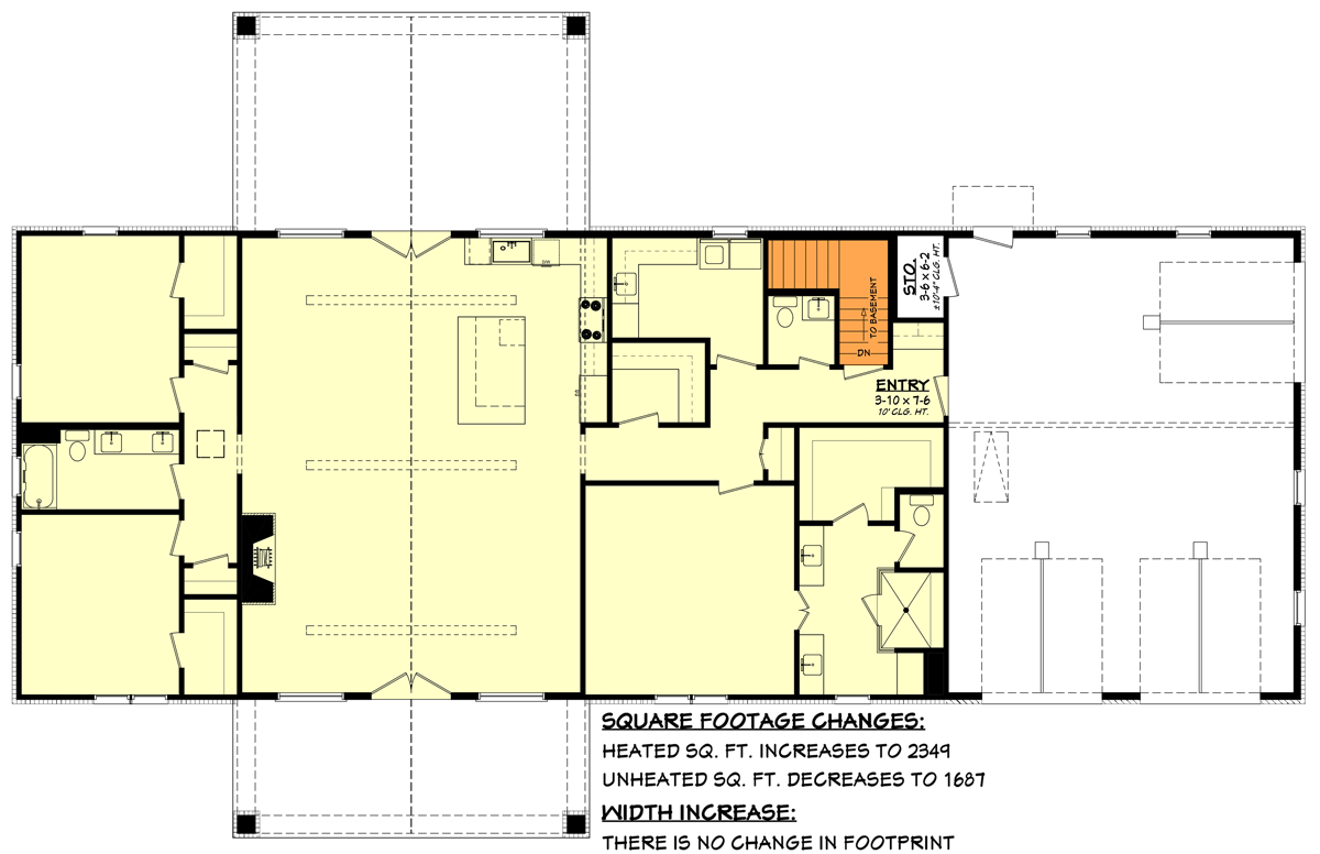 Plan 51966HZ: 3-Bed Barndominium-Style House Plan with Vaulted Great Room - 2335 Sq Ft - Floor Plan - Main Floor - Basement Version - Barndominium, Country, Craftsman, Farmhouse, Hill Country, Modern Farmhouse, Ranch