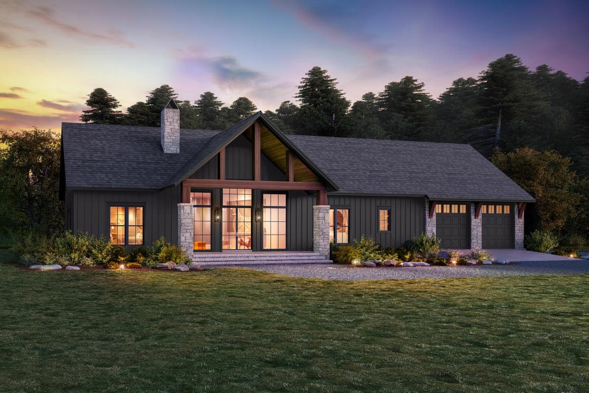 Modern Farmhouse house plan exterior with a prominent gable, stone chimney, and a two-car garage.