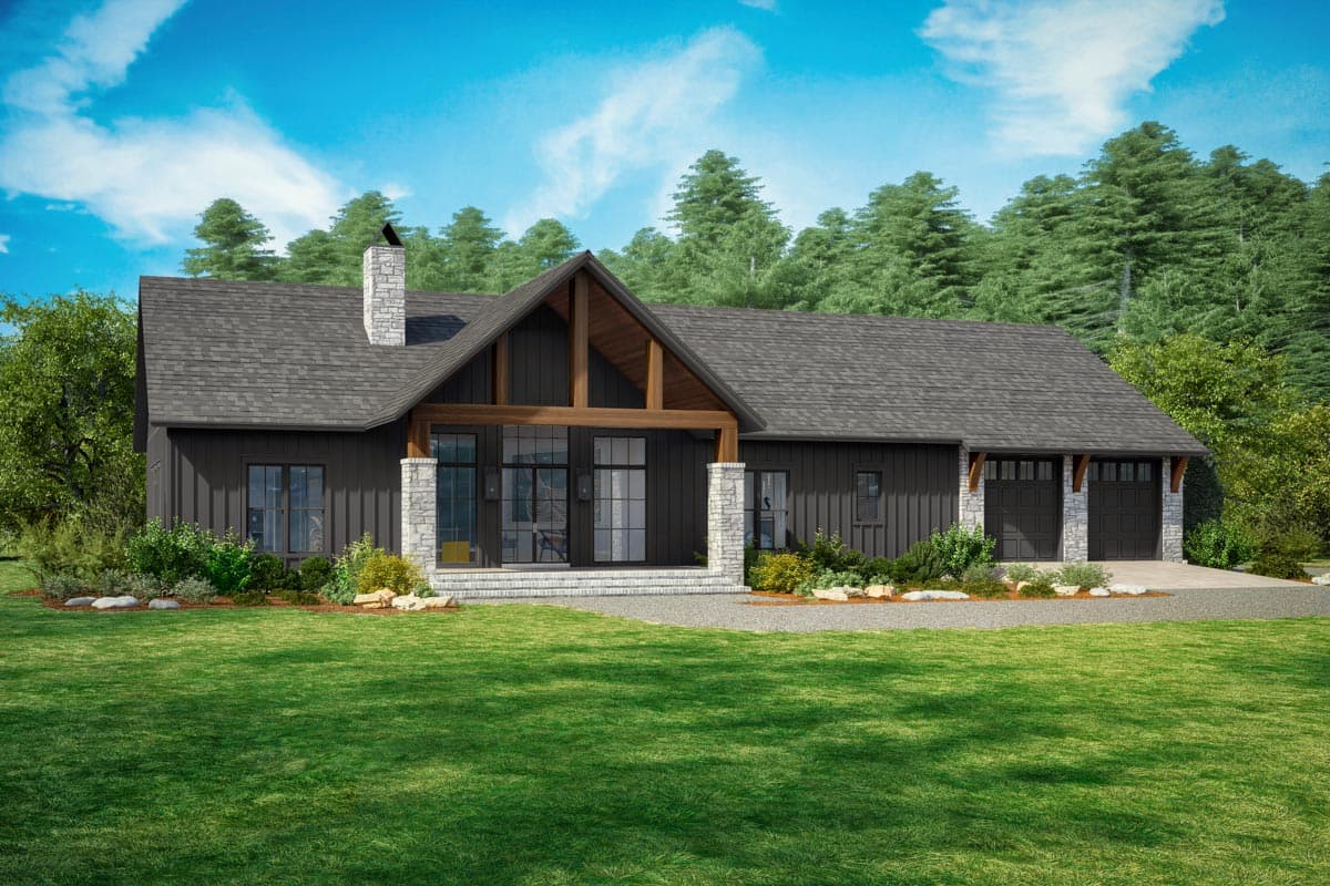 House plan exterior. Modern Farmhouse style with a single story, a gable roof, a porch with timber frame, and a two-car garage.