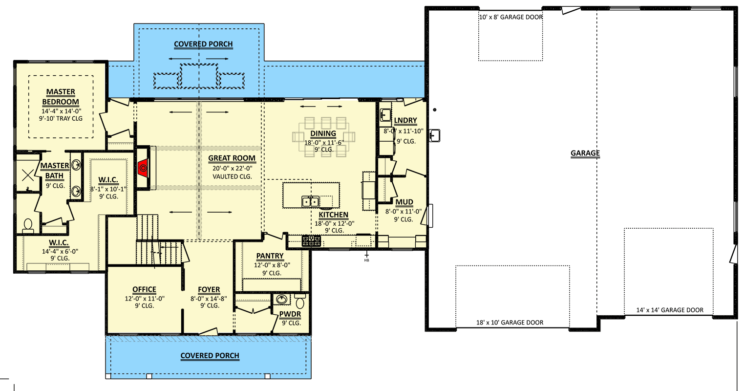 Plan 911040JVD: 3-Bed Modern Farmhouse Plan with Home Office and Barndominium Wtyle Garage - 2796 Sq Ft - Floor Plan - Main Level - Barndominium, Modern Farmhouse, New American, Traditional