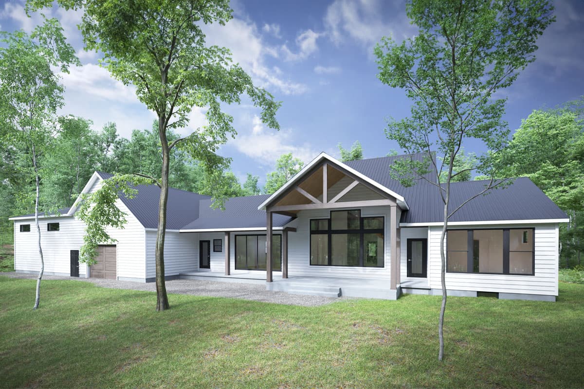 House plan exterior, modern style, single-story with pitched roof, attached garage, and large windows.