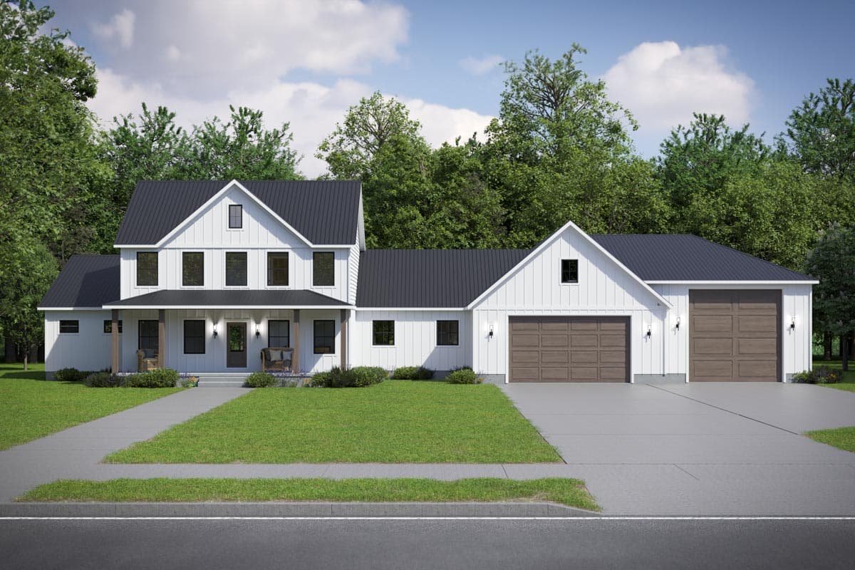 House plan exterior. Two-story Modern Farmhouse with a front porch, gables, and a detached two-car garage with a metal roof.