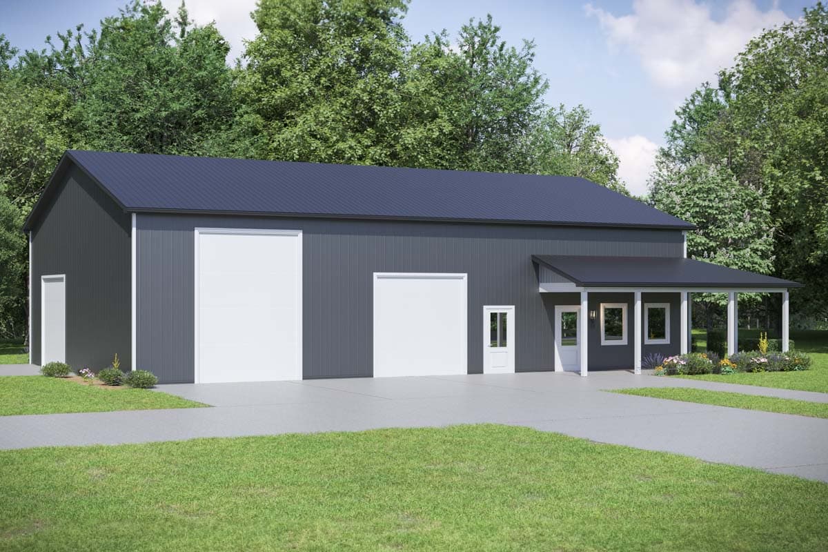 Modern metal building exterior with two garage doors, one entry door, and a covered porch with white columns.