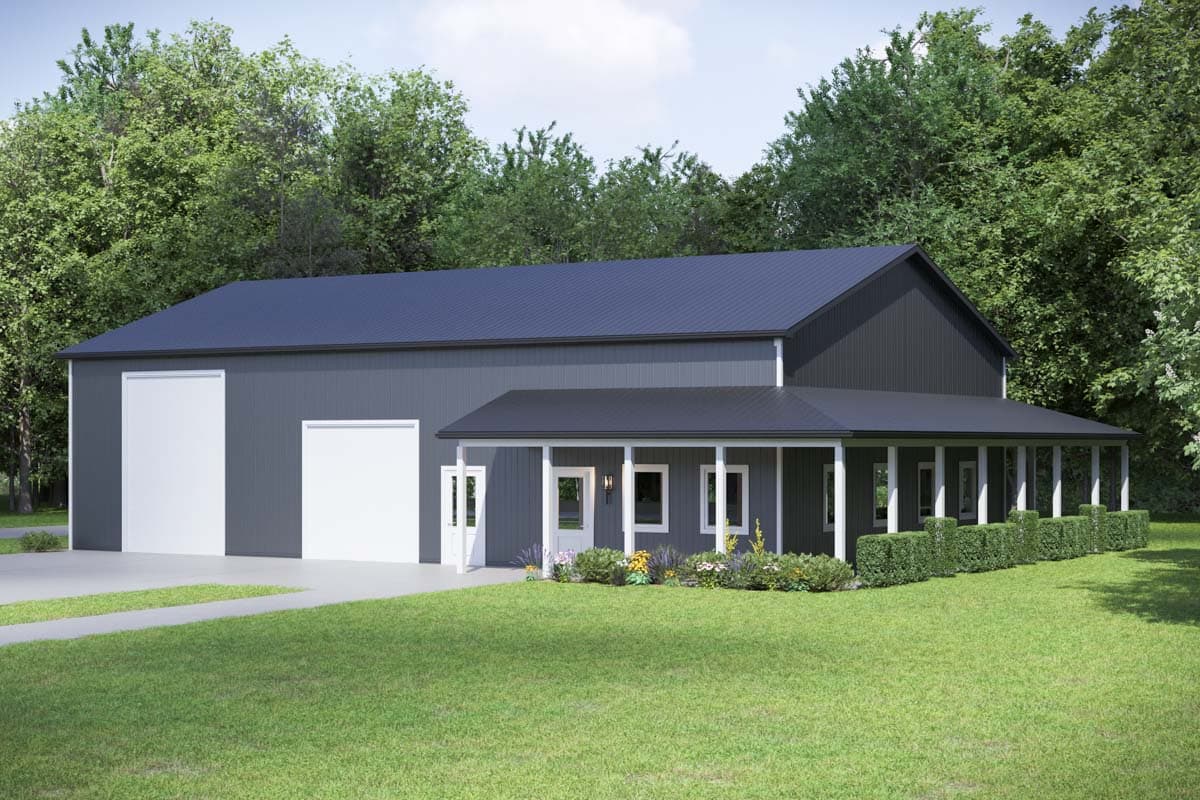 House plan exterior featuring a gambrel roof, wrap-around porch with white columns, and large garage doors.