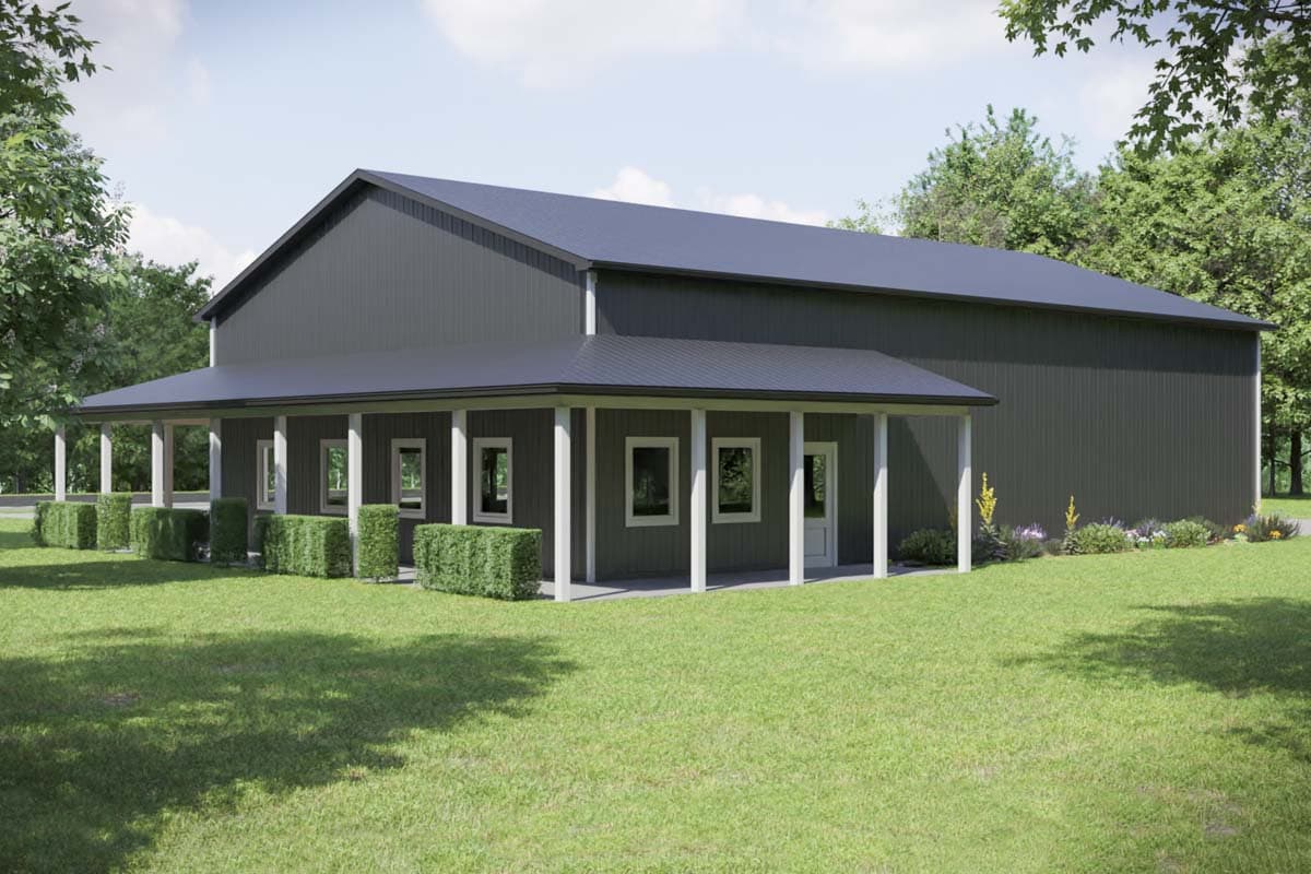 House plan exterior with a wrap-around porch, vertical siding, and a gable roof. Features several windows and a central door.