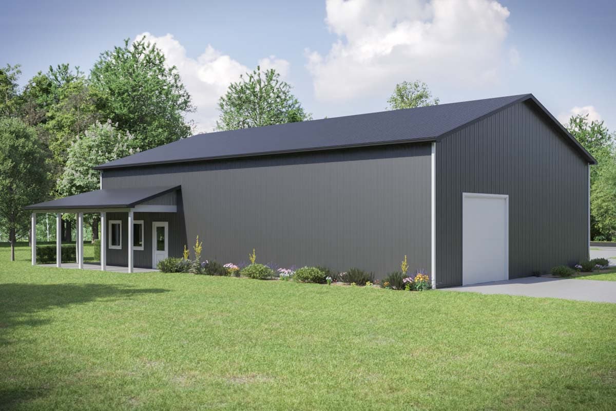House plan exterior of a single-story metal building with a covered porch, multiple entry doors, and a large garage door.