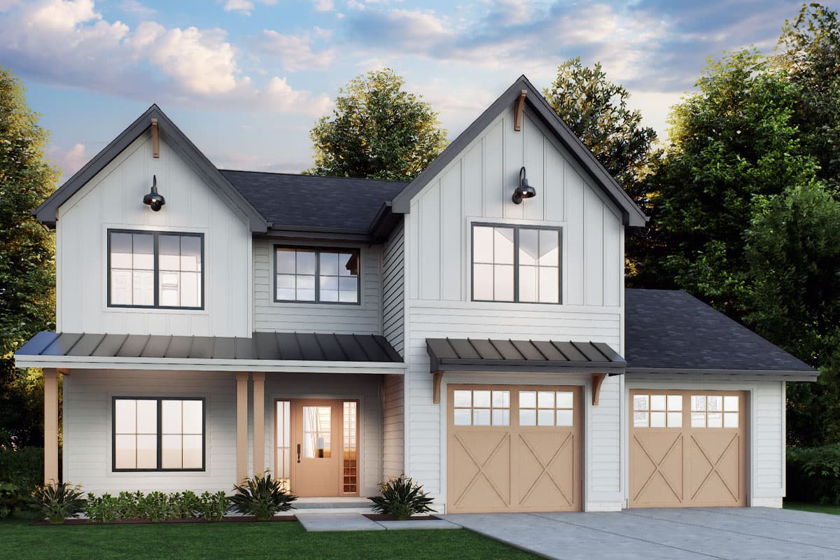 House plan exterior. Two-story Modern Farmhouse with gables, a covered porch, and a two-car garage with carriage-style doors.