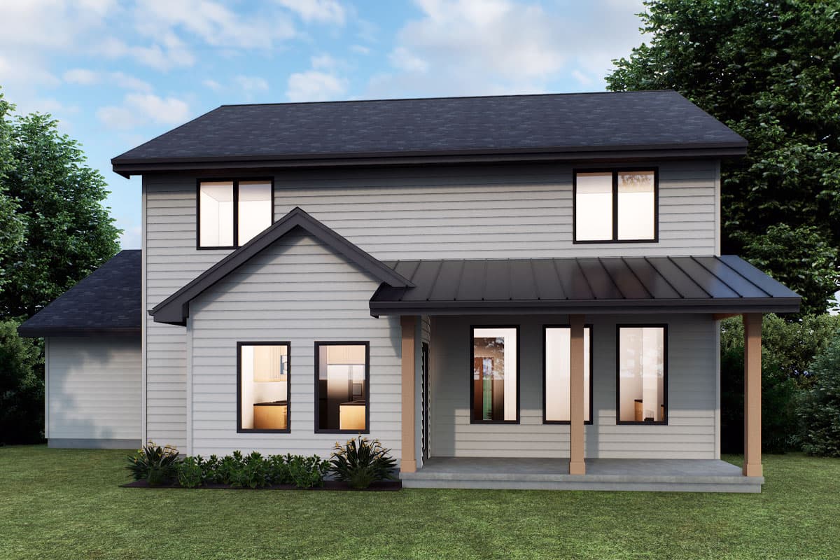 House plan exterior: two-story Modern Farmhouse with gabled front, metal porch roof, and horizontal siding.