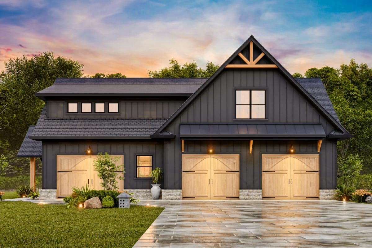 House plan exterior. Two-story Modern Farmhouse with gabled roof, timber-framed gable end, and three-car garage.
