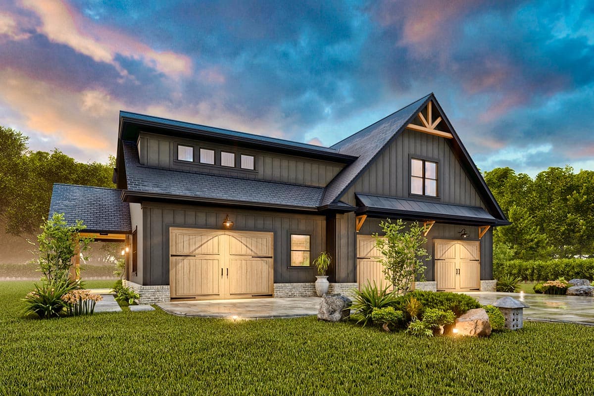 Modern Farmhouse style house plan exterior with a steeply pitched roof, dark siding, and three garage doors. Includes gables and dormer windows.