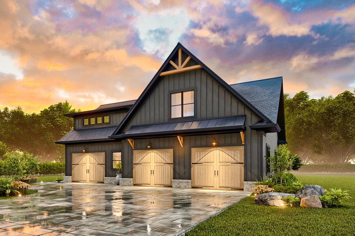 Modern Farmhouse style house plan exterior with three garage doors, vertical siding, and a prominent gable with exposed rafter tails.