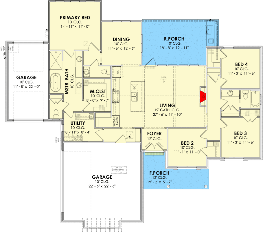 Plan 185015PHD: 4-Bed Transitional Home Plan with Split Beds and 3-Car Garage - 2143 Sq Ft - Floor Plan - Main Level - Acadian, Ranch
