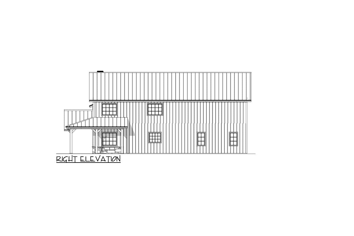 Right elevation drawing of a two-story house plan with a gabled porch and metal siding.