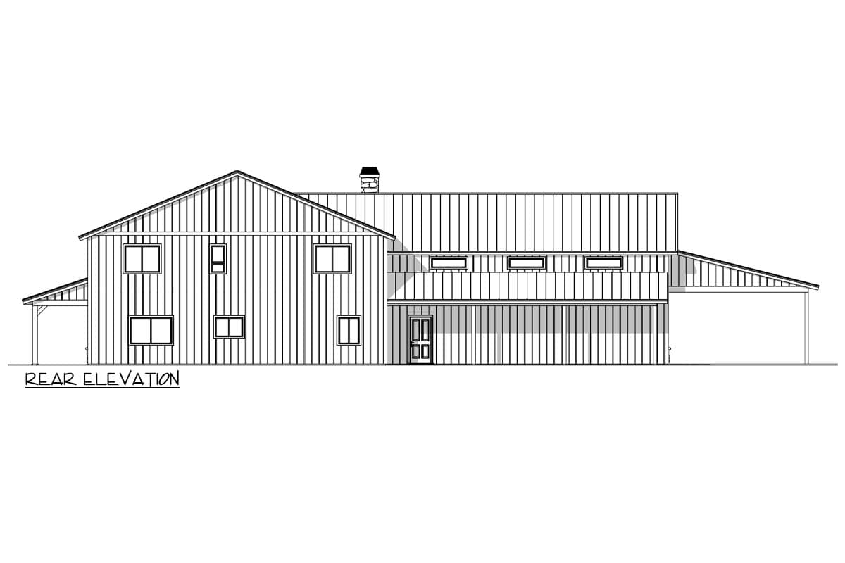Rear elevation drawing of a two-story house plan with gabled and shed rooflines, multiple windows, a chimney, and an attached garage.