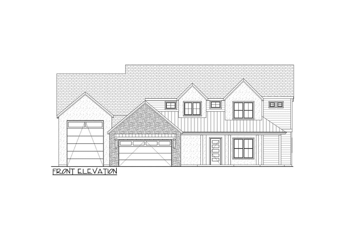 Front elevation of a two-story house plan with two garages, gables, dormers, and mixed siding.