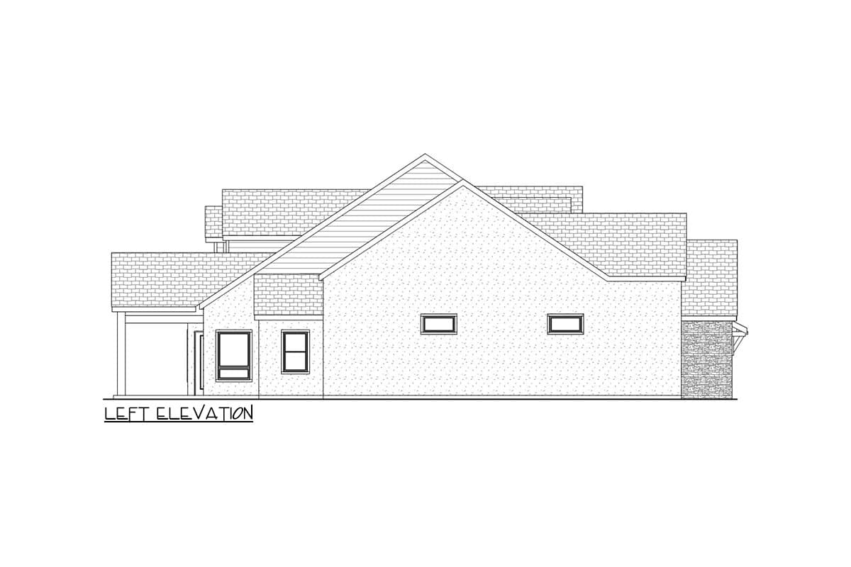Left elevation of a house plan showing a covered porch, multiple gables, and varied rooflines with brick and siding.