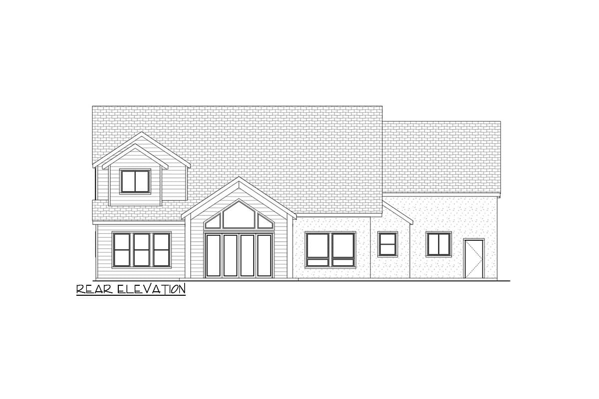 Rear elevation drawing of a house with a dormer, large gable window, and multiple other windows.