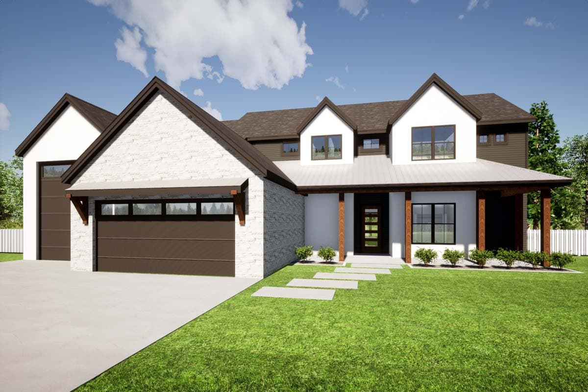 House plan exterior. Modern farmhouse style with gabled roof, covered porch, and a two-car garage. Stone veneer accents and dormers.