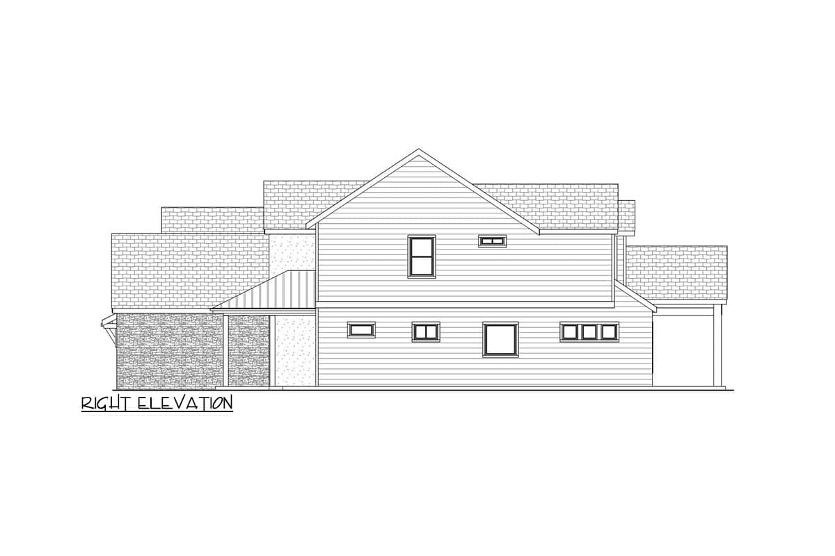 Right elevation house plan drawing showing a two-story home with mixed materials, multiple gables, and a two-car garage.